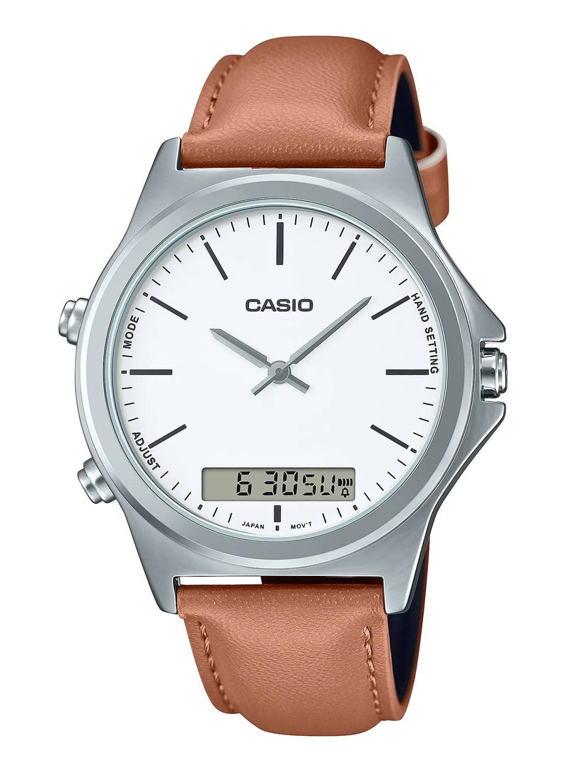 Men's White Dial Leather Strap Analog-Digital Wrist Watch MTP-VC01L-7EUDF
