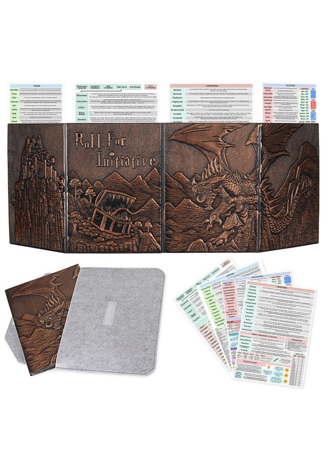 CZYY DND Dungeon Master Screen Faux Leather Embossed Dragon & Mimic, Four-Panel with Pockets DM Screen for Dungeons and Dragon, Pathfinder, DD - Image 1