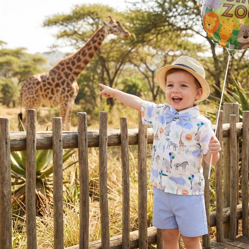 CIYCUIT Toddler Baby Boys Summer Animal Print Shirt Outfits Clothes Short Sleeve Button Down Tops + Shorts Set Blue 2-3T - Image 2