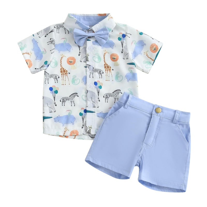 CIYCUIT Toddler Baby Boys Summer Animal Print Shirt Outfits Clothes Short Sleeve Button Down Tops + Shorts Set Blue 2-3T - Image 1