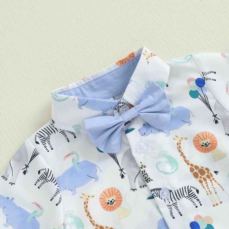 CIYCUIT Toddler Baby Boys Summer Animal Print Shirt Outfits Clothes Short Sleeve Button Down Tops + Shorts Set Blue 2-3T - Image 5
