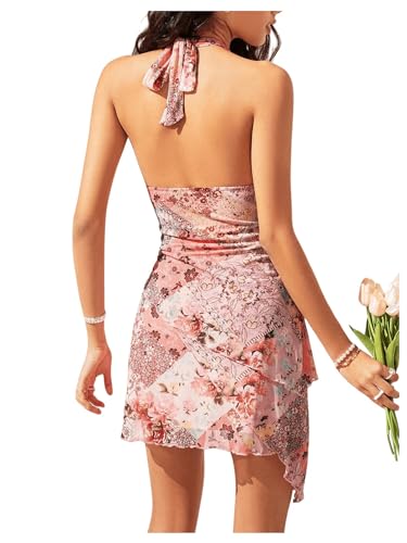 BEAUDRM Women's Floral Print Sleeveless Halter Deep V Tie Mini Dress Ruched Backless Slim Fit Cami Dresses Knot Boho Dress Pink Small - Image 2