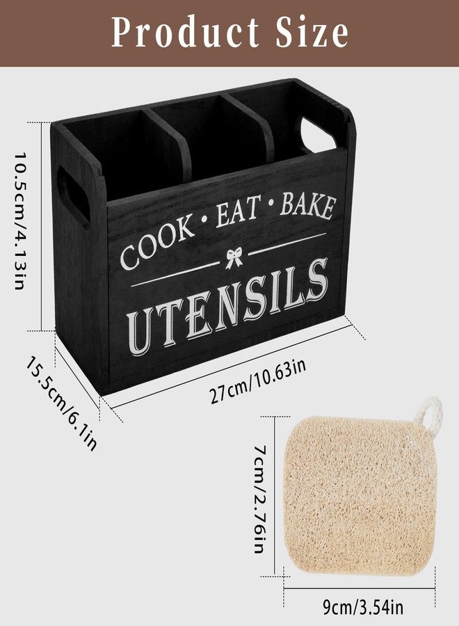 JIABEIUS Kitchen Utensil Holder for Kitchen Counter, 3 Compartments Large Utensil Organizer with Drainer, Wooden Cutlery Caddy Holder, Cooking Tools Storage (Black) - Image 2