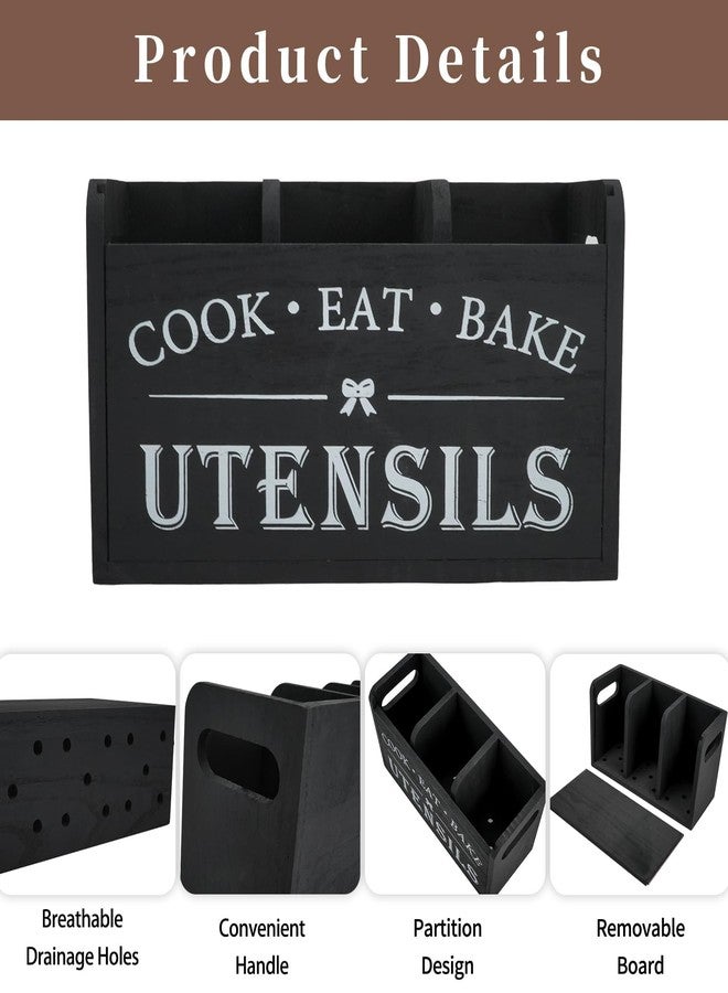 JIABEIUS Kitchen Utensil Holder for Kitchen Counter, 3 Compartments Large Utensil Organizer with Drainer, Wooden Cutlery Caddy Holder, Cooking Tools Storage (Black) - Image 3