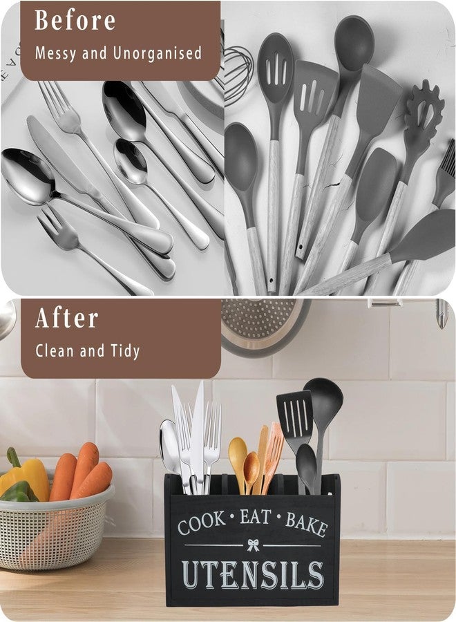JIABEIUS Kitchen Utensil Holder for Kitchen Counter, 3 Compartments Large Utensil Organizer with Drainer, Wooden Cutlery Caddy Holder, Cooking Tools Storage (Black) - Image 5