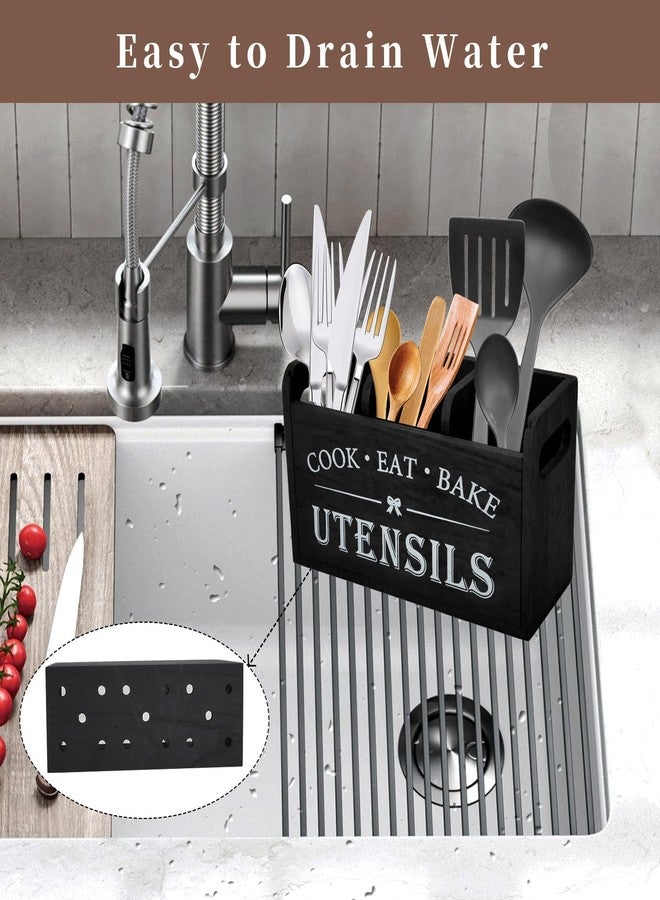JIABEIUS Kitchen Utensil Holder for Kitchen Counter, 3 Compartments Large Utensil Organizer with Drainer, Wooden Cutlery Caddy Holder, Cooking Tools Storage (Black) - Image 4