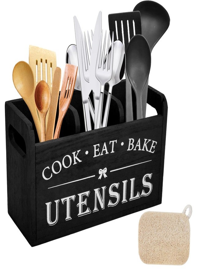 JIABEIUS Kitchen Utensil Holder for Kitchen Counter, 3 Compartments Large Utensil Organizer with Drainer, Wooden Cutlery Caddy Holder, Cooking Tools Storage (Black) - Image 1