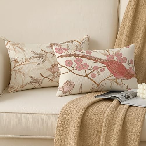 Brick Home Set of 2 Polycotton Printed Cushion Covers 12x18 Inches | Floral & Bird Design | Pastel Blush Pink, Beige & Off-White | Soft Fabric Decorative Pillow Covers for Sofa, Couch & Living Room - Image 2