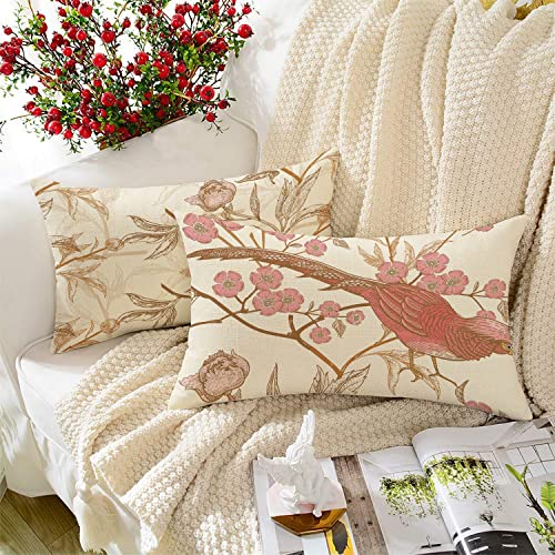 Brick Home Set of 2 Polycotton Printed Cushion Covers 12x18 Inches | Floral & Bird Design | Pastel Blush Pink, Beige & Off-White | Soft Fabric Decorative Pillow Covers for Sofa, Couch & Living Room - Image 1