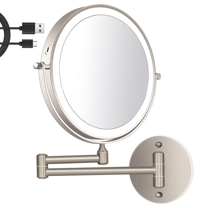 8 INCH WALL MOUNTED MAKEUP MIRROR ADJUSTABLE LED LIGHT TOUCH SCREEN 1X/10X MAGNIFYING TWO SIDED 360 SWIVEL EXTENDABLE VANITY MIRROR FOR BATHROOM CHROME FINISHED POWERED BY BATTERIES