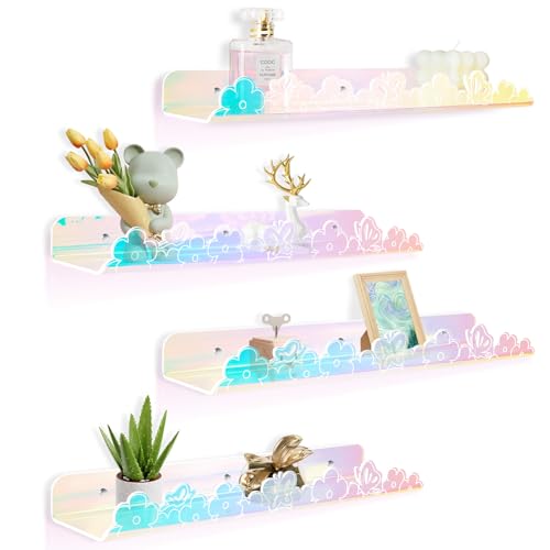 alldomess Floating Shelves for Wall,4 Pack 15.7’’x 3.5’’Adhesive Acrylic Shelves Organizer for Book Toy Photo Makeup,Wall-Mounted Kids Storage for Bathroom,Bedroom,Nursery,Iridescent Butterfly - Image 1