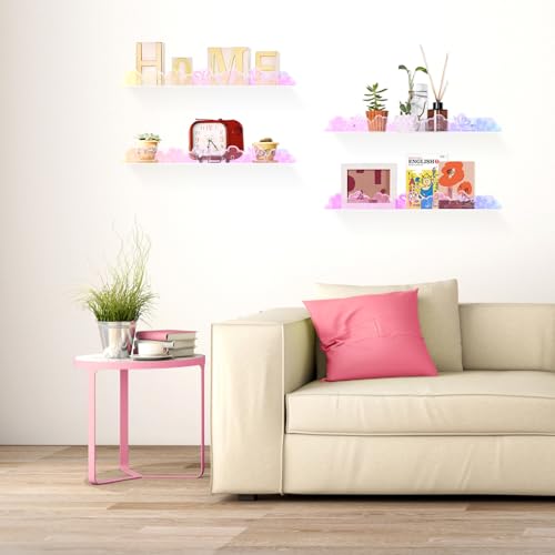 alldomess Floating Shelves for Wall,4 Pack 15.7’’x 3.5’’Adhesive Acrylic Shelves Organizer for Book Toy Photo Makeup,Wall-Mounted Kids Storage for Bathroom,Bedroom,Nursery,Iridescent Butterfly - Image 5