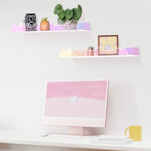 alldomess Floating Shelves for Wall,4 Pack 15.7’’x 3.5’’Adhesive Acrylic Shelves Organizer for Book Toy Photo Makeup,Wall-Mounted Kids Storage for Bathroom,Bedroom,Nursery,Iridescent Butterfly - Image 4