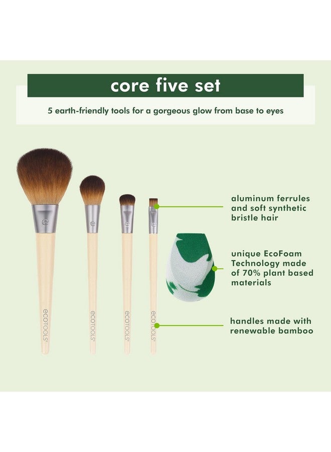 Ecotools Core Five Makeup Brush And Sponge Kit For Eyeshadow Blush Bronzer Eyeliner & Foundation Makeup Blending Sponge For Liquid & Cream Products Essential Eco Friendly Brushes 5 Piece Set - Image 3