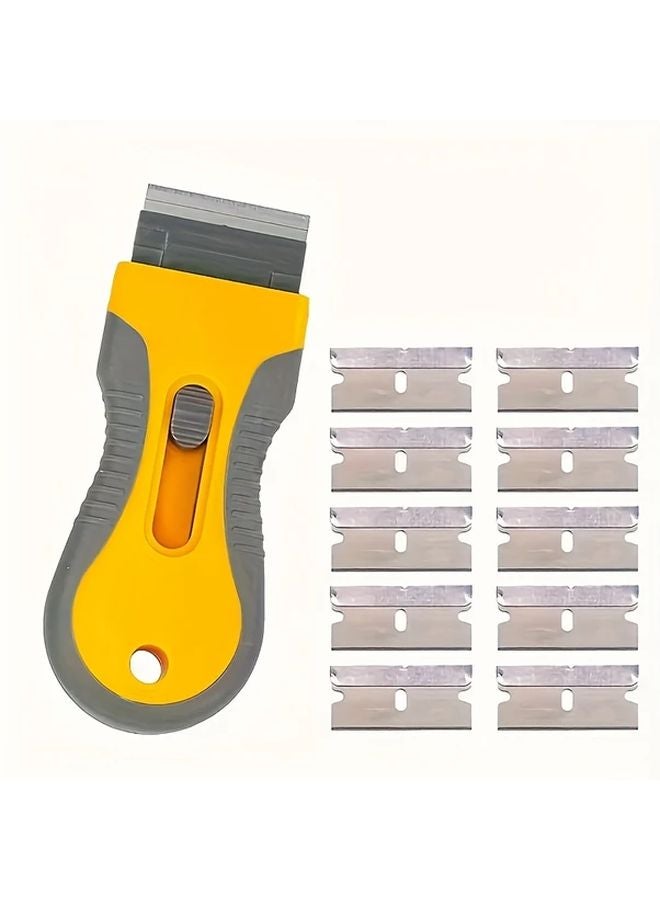 Yellow Ceramic Glass Razor 10 Metal Sharp Blades Telescopic Adjustable Cleaning Scraper - Image 1