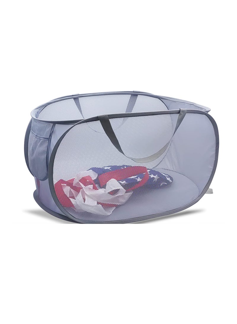 سلة غسيل شبكية، حقيبة سلة غسيل شبكية متينة، سلة منبثقة مع جيب جانبي، سلة غسيل شبكية خفيفة الوزن، لتخزين الملابس في غرفة النوم والحمام وغرفة الغسيل (منبثقة أفقيًا) - Image 1