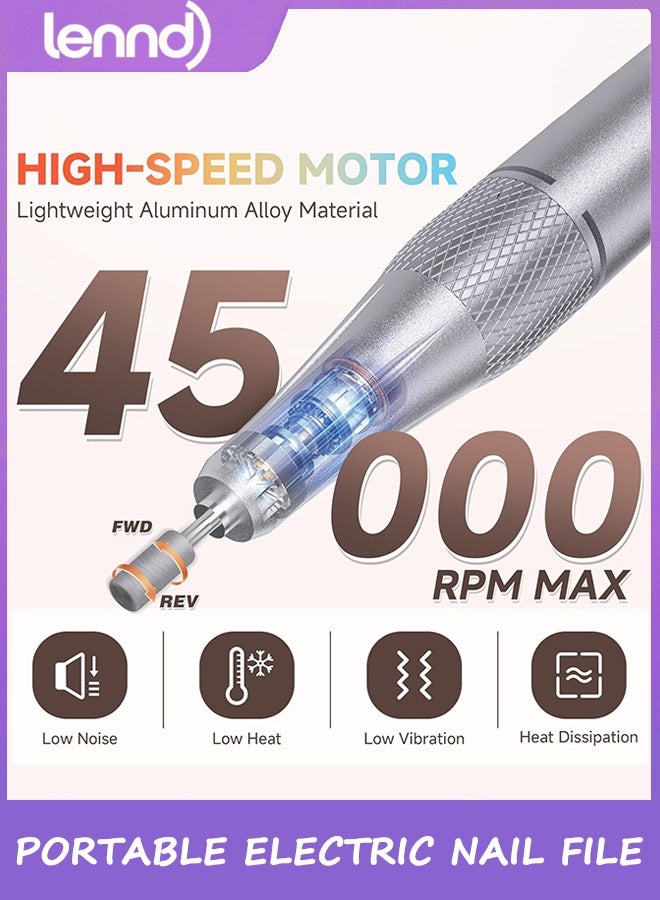 LENND Nail Drill, Portable Electric Nail File 45000RPM, Rechargeable Nail Drill Professional with Bits & Base, for Acrylic Gel Nails, E-File Machine, Manicure Polishing, for Salon Home - Image 3