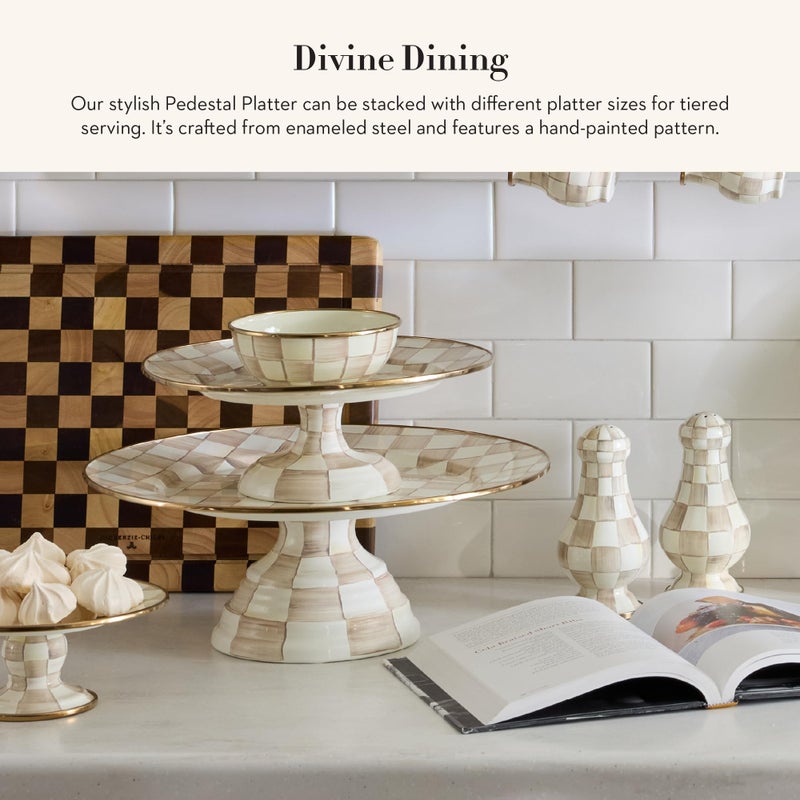 mackenzie childs MACKENZIE-CHILDS Enamel Pedestal Platter  Round Cake Stand  Mini  Brown-and-White Mocha Check - Image 2