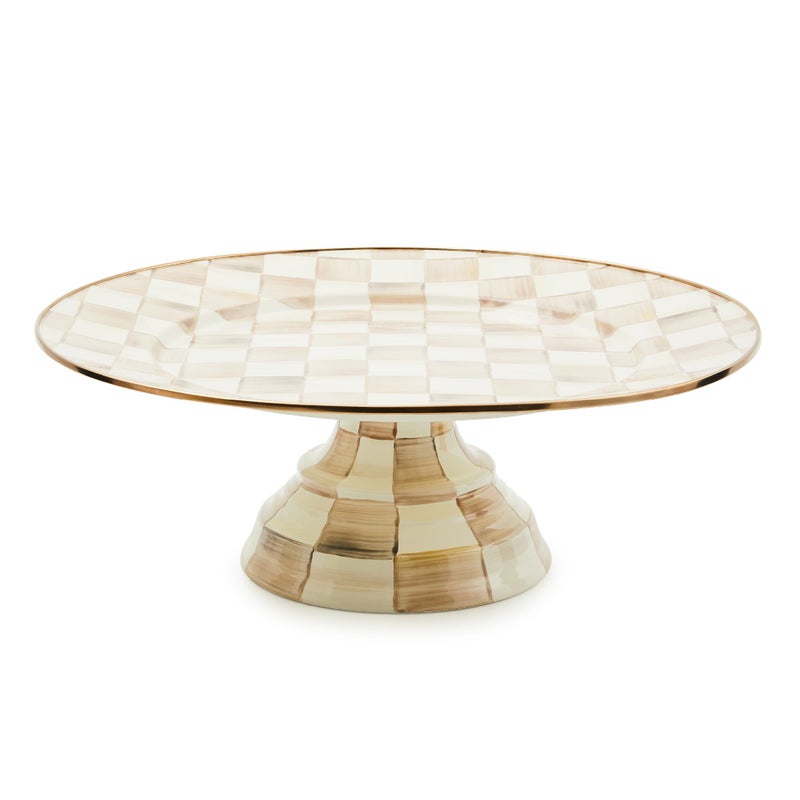 mackenzie childs MACKENZIE-CHILDS Enamel Pedestal Platter  Round Cake Stand  Mini  Brown-and-White Mocha Check - Image 1