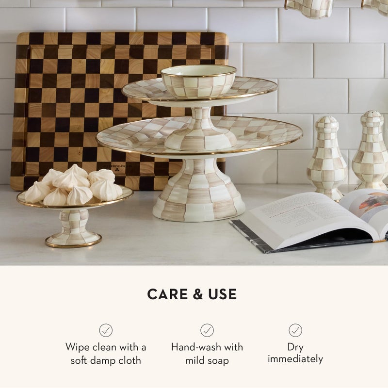 mackenzie childs MACKENZIE-CHILDS Enamel Pedestal Platter  Round Cake Stand  Mini  Brown-and-White Mocha Check - Image 5