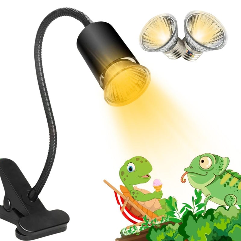 VAYINATO Black UVA+UVB Reptile Heat Lamp Holder with 2Pcs (50W) Bulbs – Adjustable Clamp Holder & Dimmable Basking Light for Turtles, Lizards, Snakes, and Amphibians - Image 1