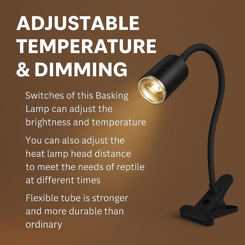 VAYINATO Black UVA+UVB Reptile Heat Lamp Holder with 2Pcs (50W) Bulbs – Adjustable Clamp Holder & Dimmable Basking Light for Turtles, Lizards, Snakes, and Amphibians - Image 4