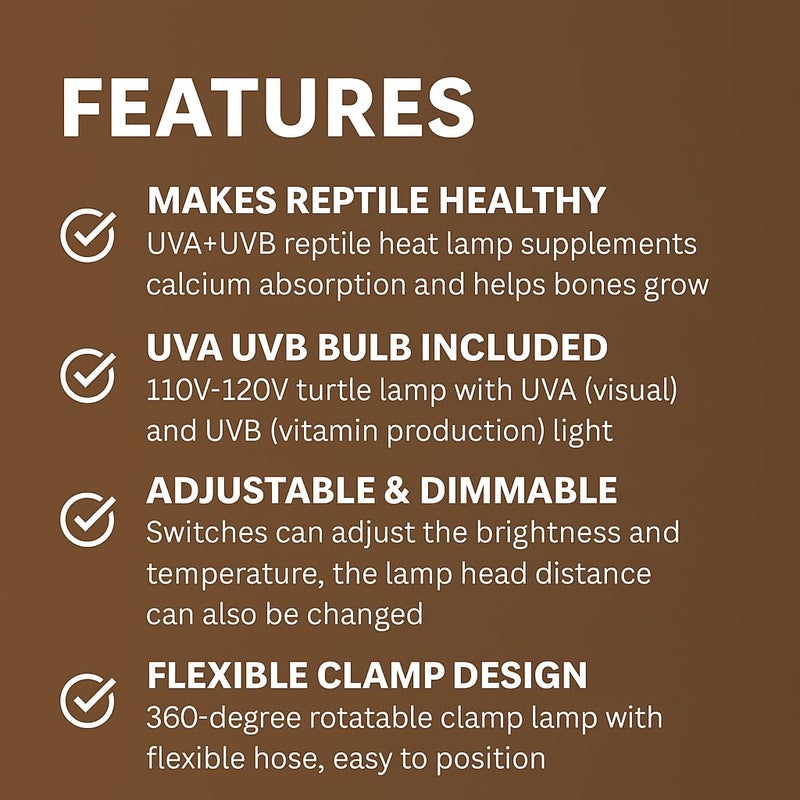 VAYINATO Black UVA+UVB Reptile Heat Lamp Holder with 2Pcs (50W) Bulbs – Adjustable Clamp Holder & Dimmable Basking Light for Turtles, Lizards, Snakes, and Amphibians - Image 3