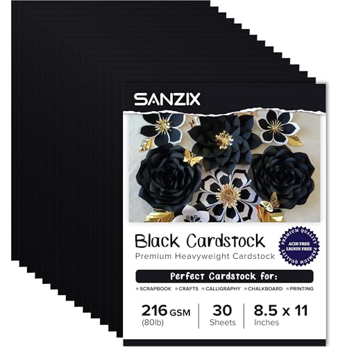 SANZIX 30 Sheets Black Cardstock Paper 8.5 x 11 80lb/216 GSM Heavyweight Printer Paper for DIY Cards, Scrapbook, Calligraphy | Card Stock for Drawing, Invitations, Menus & Halloween Decorations - Image 1