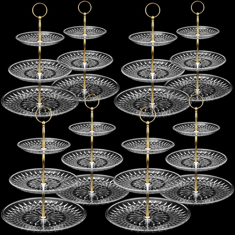 Patelai 8 Packs 3 Tier Crystal Acrylic Clear Cake Stand with Gold Round Holder Acrylic Cupcake Stand Holder for Home Wedding Holiday Birthday Baby Shower Tea Party Clear