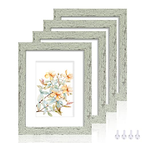 Hongkee 8x10 Picture Frame Set of 4, Made of Real Glass and Sage Green Wooden Frame, 8 by 10 Photo for Wall or Tabletop - Display Picture 5x7 with Mat or 8x10 Without Mat - Image 1