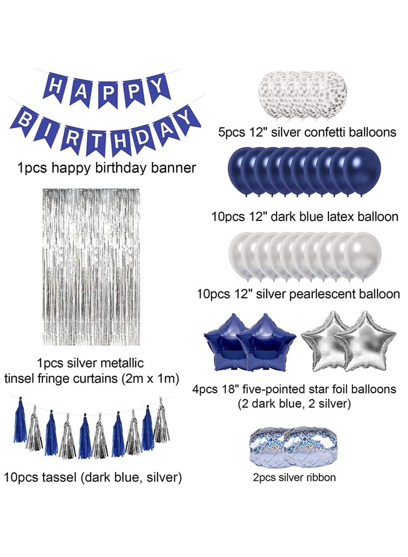 Bebiland Birthday Party Decoration Balloon Set, Happy Birthday Banner Tassle and Fringe Foil Star Balloons, Confetti Balloons Complete, Birthday Decoration Kit (Blue/Sliver)  - Image 2
