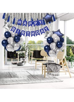 Bebiland Birthday Party Decoration Balloon Set, Happy Birthday Banner Tassle and Fringe Foil Star Balloons, Confetti Balloons Complete, Birthday Decoration Kit (Blue/Sliver)  - Image 5