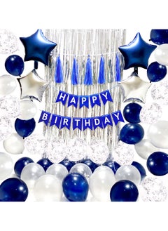Bebiland Birthday Party Decoration Balloon Set, Happy Birthday Banner Tassle and Fringe Foil Star Balloons, Confetti Balloons Complete, Birthday Decoration Kit (Blue/Sliver)  - Image 4