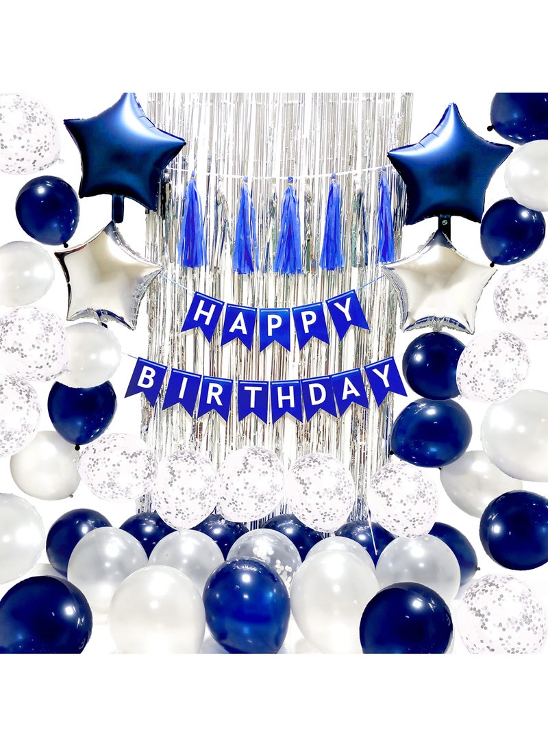 Bebiland Birthday Party Decoration Balloon Set, Happy Birthday Banner Tassle and Fringe Foil Star Balloons, Confetti Balloons Complete, Birthday Decoration Kit (Blue/Sliver)  - Image 4