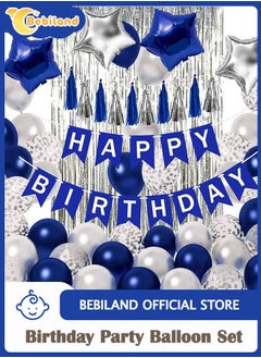 Bebiland Birthday Party Decoration Balloon Set, Happy Birthday Banner Tassle and Fringe Foil Star Balloons, Confetti Balloons Complete, Birthday Decoration Kit (Blue/Sliver)  - Image 1