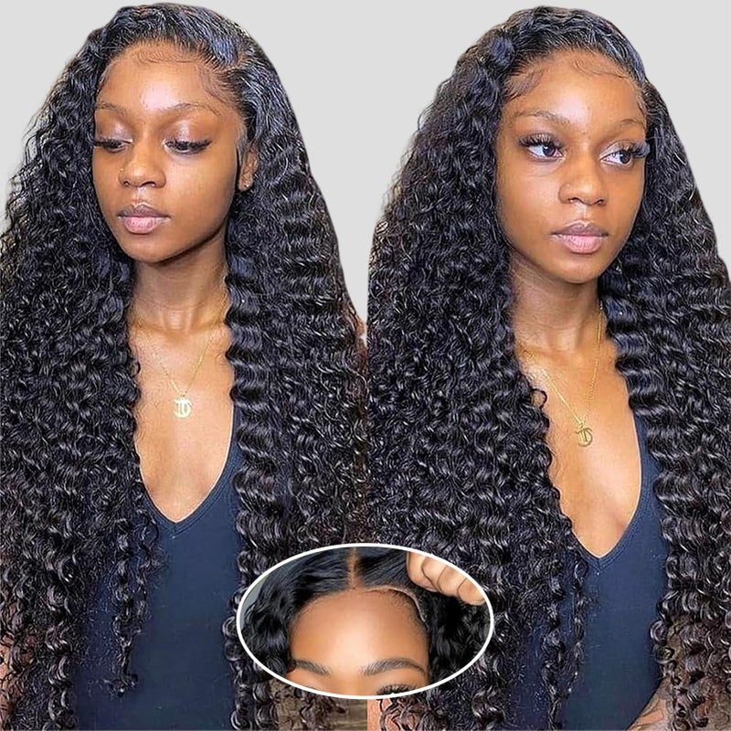 Wear and Go Glueless Wigs Human Hair Pre Plucked Pre Cut 5x5 HD Closure Wigs Human Hair Deep Wave Lace Front Wigs for Black Women 210 Dentisy 12A Deep Curly Glueless Wig Bleached Knots 22 Inch