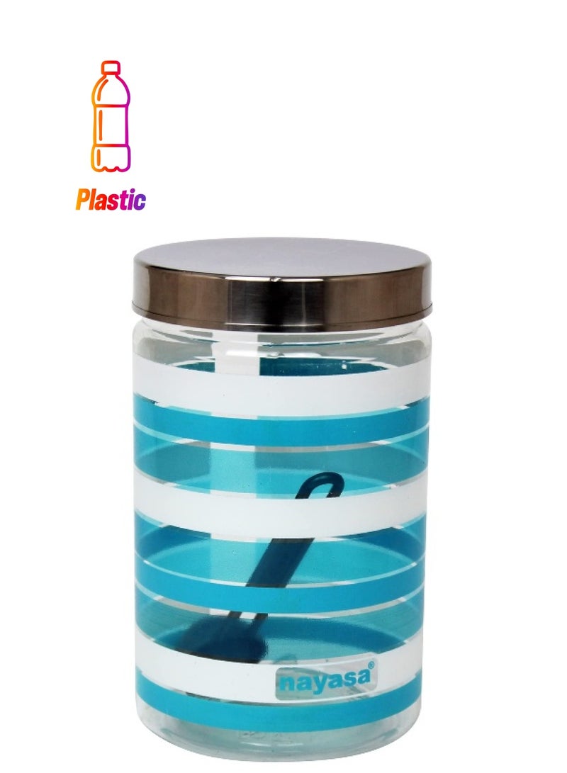 NAYASA 1500ML Plastic Food Storage Container Jar with Spoon and Metallic Lid Assorted Striped Colors for Kitchen Pantry Organization Space Saving Refrigerator Canister and Cupboard Storage - Image 1