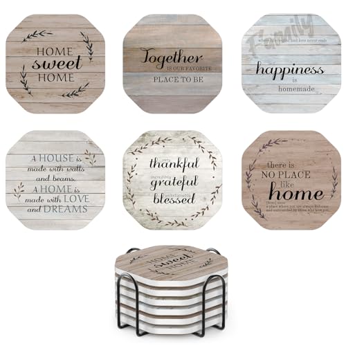 UMIRRO Rustic Farmhouse Coasters for Coffee Table Decor Ceramic Coaster Set with Holder for Wooden Table Cute Cup Coasters for Drinks Absorbent Housewarming Gifts for New HouseHome 4 6 Pack