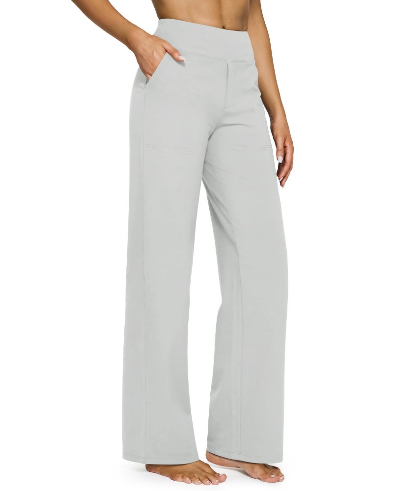 G4Free High Waist Pants for Women Wide Straight Leg Sweatpants with Pockets Loose Fashionable Yoga Lounge Casual Clothing(Light Grey,L,31") - Image 1
