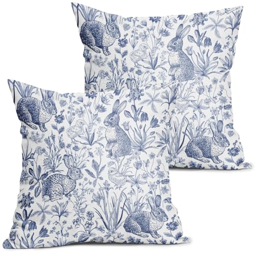 aportt Spring Navy Blue Pillow Covers 18X18 Inch Bunny Flowers Leaf Chick Decorative Pillow Cases Easter Rabbit Floral Botanical Plants Throw Pillows Set of 2 Farmhouse Home Decor For Sofa Couch Outdoor - Image 1
