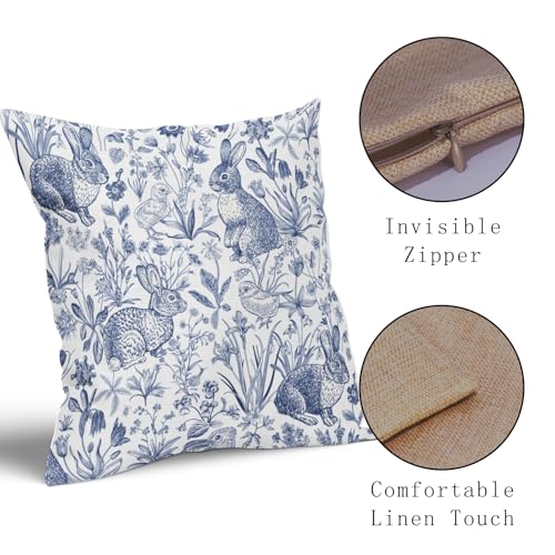 aportt Spring Navy Blue Pillow Covers 18X18 Inch Bunny Flowers Leaf Chick Decorative Pillow Cases Easter Rabbit Floral Botanical Plants Throw Pillows Set of 2 Farmhouse Home Decor For Sofa Couch Outdoor - Image 3