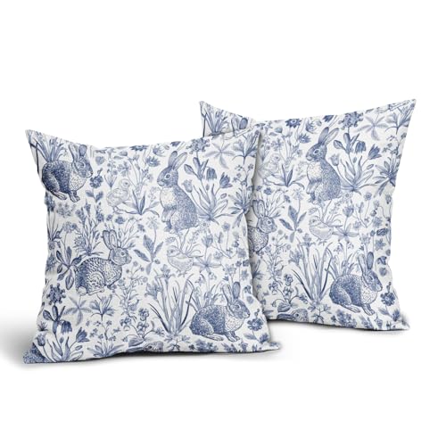 aportt Spring Navy Blue Pillow Covers 18X18 Inch Bunny Flowers Leaf Chick Decorative Pillow Cases Easter Rabbit Floral Botanical Plants Throw Pillows Set of 2 Farmhouse Home Decor For Sofa Couch Outdoor - Image 2