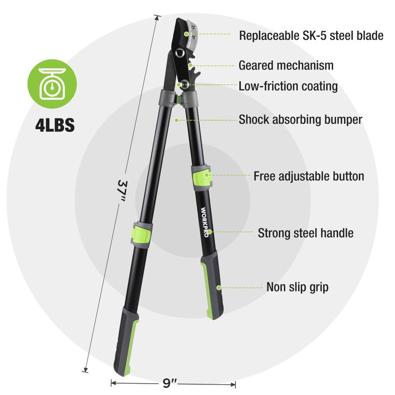 WORKPRO Extendable Anvil Lopper for Gardening, 25-37" Branch Cutter with 1.6" Cutting Capacity, Heavy-Duty Pruning Shear Featuring Gear System for Tree Trimming, Handheld Garden Shear with Sharp Blade - Image 2