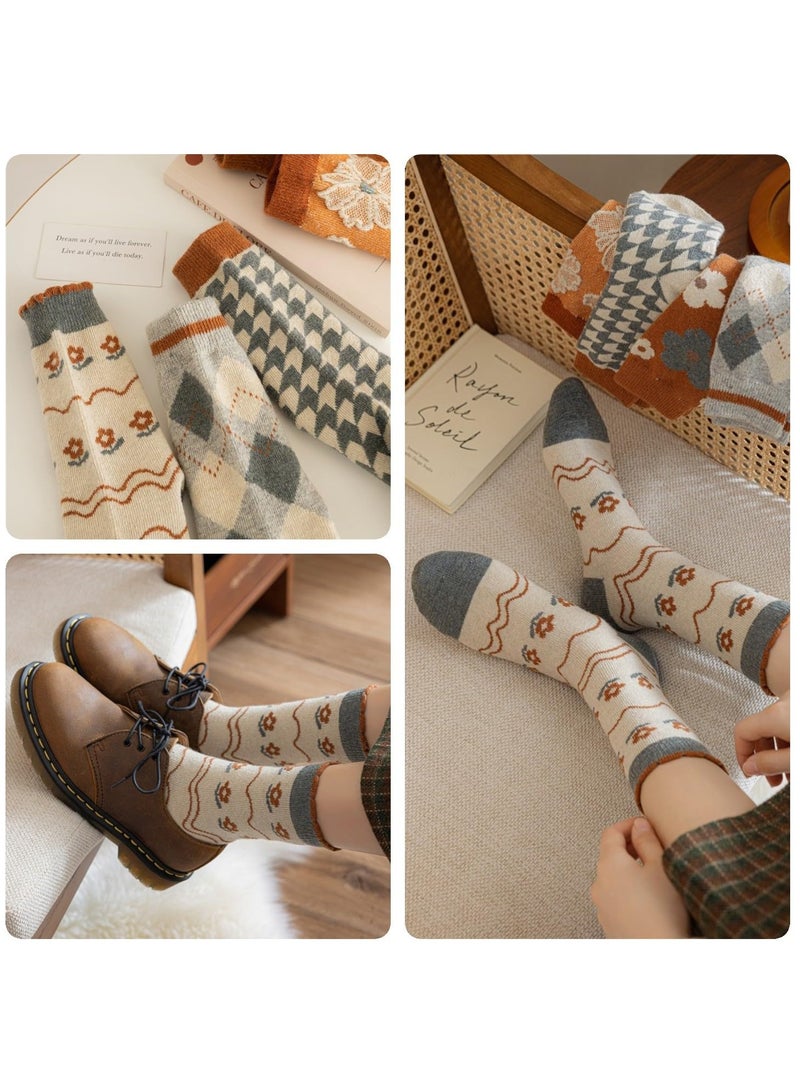 SYOSI 5 Pairs Wool Socks for Women Thick Knit Vintage Lovely Floral Crew Socks - Image 5
