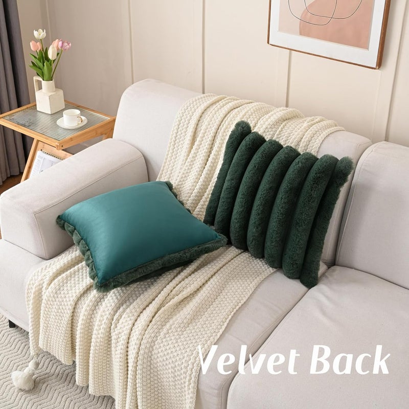 FUTEI Dark Green Decorative Throw Pillow Covers 20x20 Inch Set of 2, Square Soft Faux Rabbit Fur Big Striped Cushion Cover,Home Decor for Couch Sofa Bed Living Room - Image 4