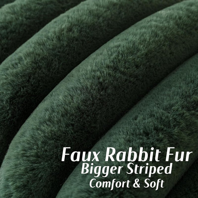 FUTEI Dark Green Decorative Throw Pillow Covers 20x20 Inch Set of 2, Square Soft Faux Rabbit Fur Big Striped Cushion Cover,Home Decor for Couch Sofa Bed Living Room - Image 2