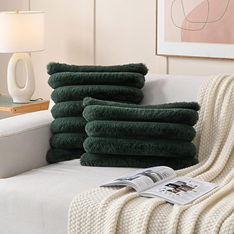 FUTEI Dark Green Decorative Throw Pillow Covers 20x20 Inch Set of 2, Square Soft Faux Rabbit Fur Big Striped Cushion Cover,Home Decor for Couch Sofa Bed Living Room - Image 5