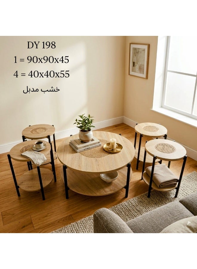 manzil alsaada Round Rattan and Wood Table Set (4+1) – Model DY198 - Image 1