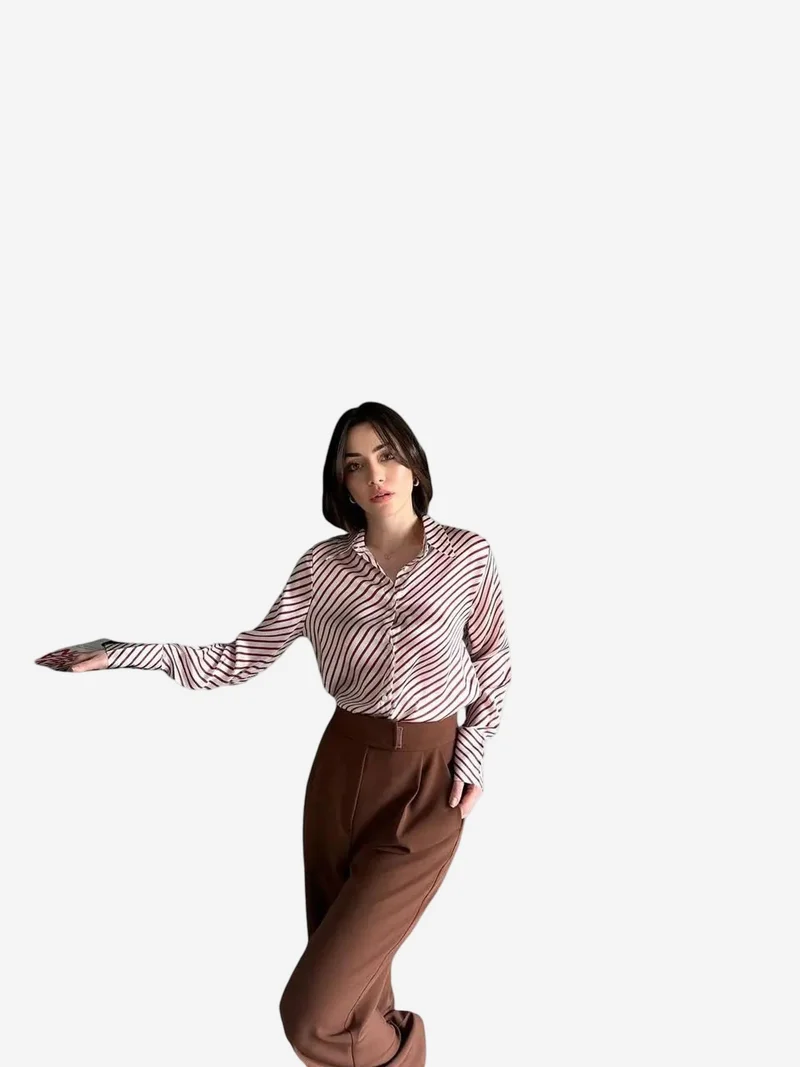 My Fashion Red MY FASHION Striped Button-Up Shirt with Shirt Collar for Women | Best Price UAE