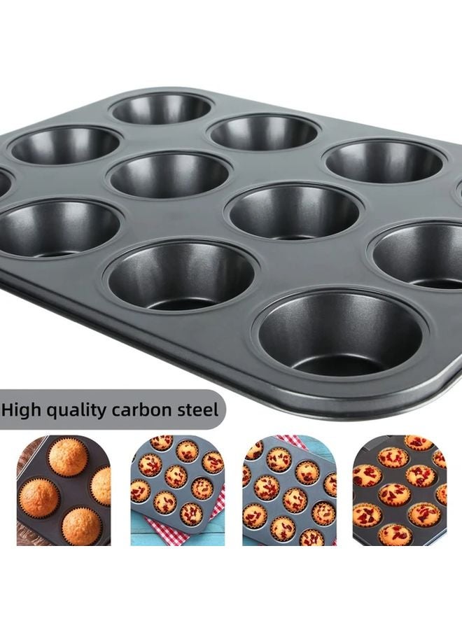 مقلاة مافن سوداء غير لاصقة 12 كأس من صلب الكربون، آمنة للاستخدام في الفرن - Image 3